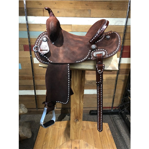BURNS CHOCOLATE RO BARREL SADDLE- ROUND-WHITE BUCK STITCH