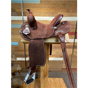 Burns Chocolate RO Barrel Saddle- Round- Natural Buckstitch 