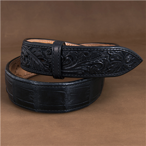 1 1/2" AMERICAN ALLIGATOR BLACK BELT W/BLACK HAND TOOLED BILLETS