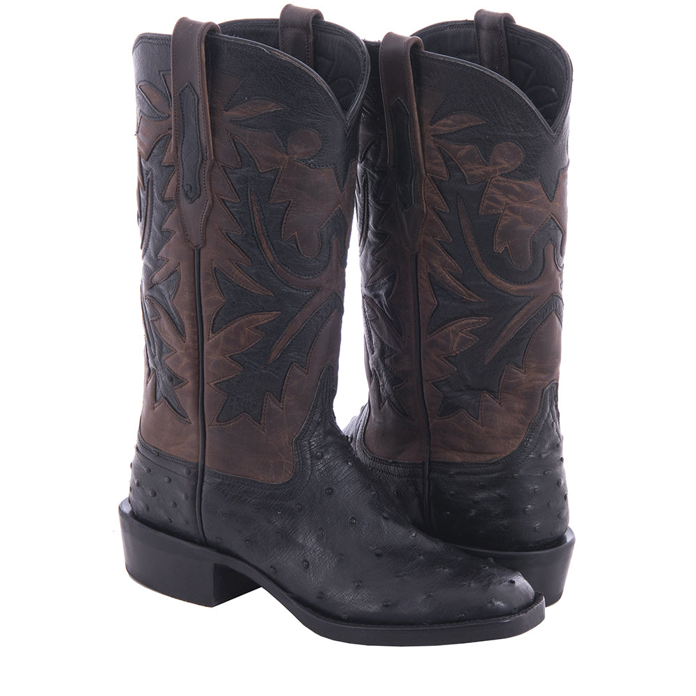 Ladies Cowboy 12-2 Black Full Quill Ostrich/Canella Goat Fern Inlay Spur Lip and Heavy Sole