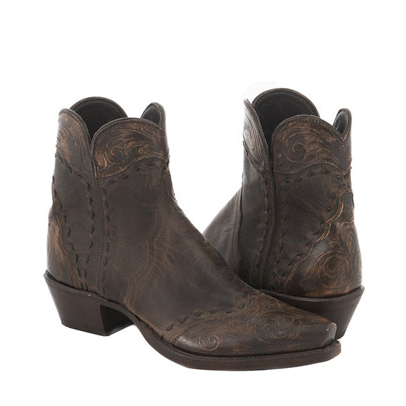 Ladies Short Tobac Goat Antique Brown Tooled Wingtip, Heel Fox, Collar Full Brown Buckstitch Boot