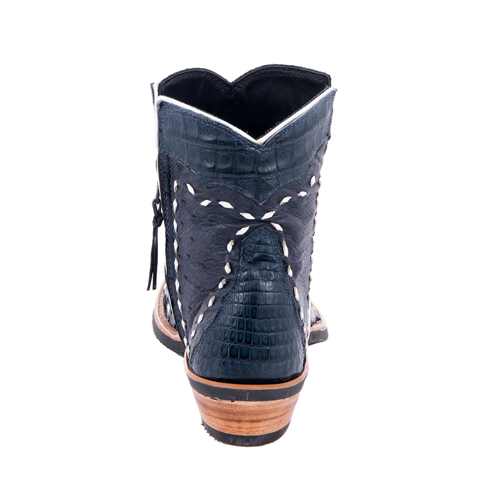 Ladies Navy Ostrich Caiman Tipped Short Cowboy Boots