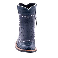 Ladies Navy Ostrich Caiman Tipped Short Cowboy Boots