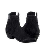 Ladies Short Black Break Black Caiman Wingtip, Heel Fox, Collar Full Black Buckstitch Cowboy Boot
