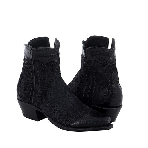 Ladies Short Black Break Black Caiman Wingtip, Heel Fox, Collar Full Black Buckstitch Cowboy Boot