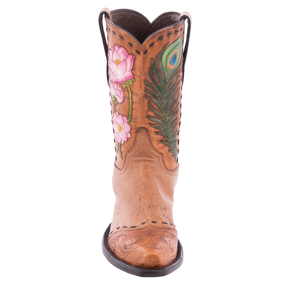 Ladies Hand Tooled Floral Smooth Ostrich Cowboy Boots