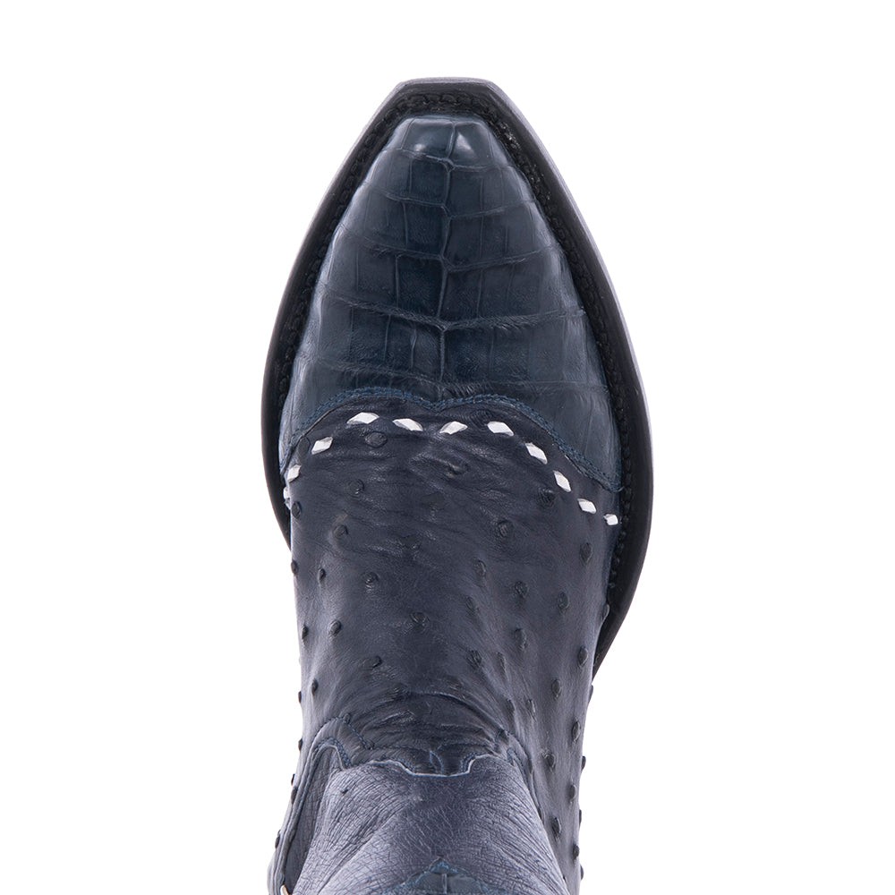 Ladies 13" Navy Full Quill Ostrich and Caiman Cowboy Boots