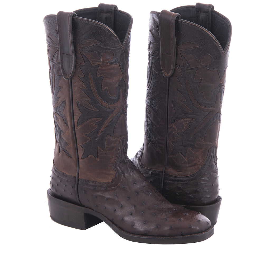 Ladies Cowboy 12-2 Nicotine Full Quill Ostrich/Canella Goat Fern Inlay Spur Lip and Heavy Sole