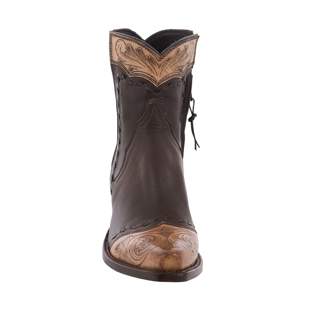 Ladies Shorty Brown Aniline Tooled Wingtip, Half Collar Full Brown Buckstitch