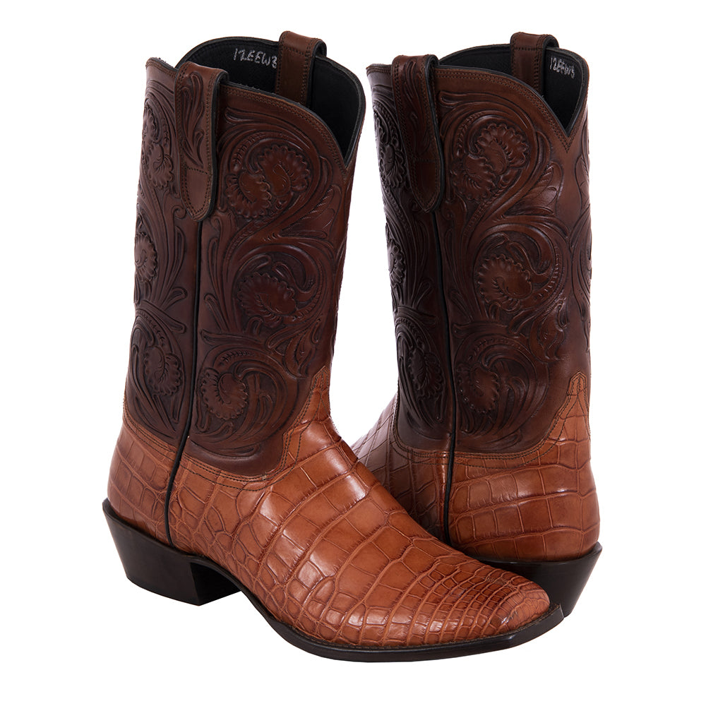 Men's 12" Cognac Gator Belly Tooled Top Cowboy Boot