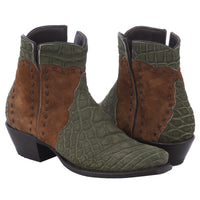 Ladies Short Olive Suede Crocodile Cognac Roughout Half Black Buckstitch Heel Fox Croc Collar