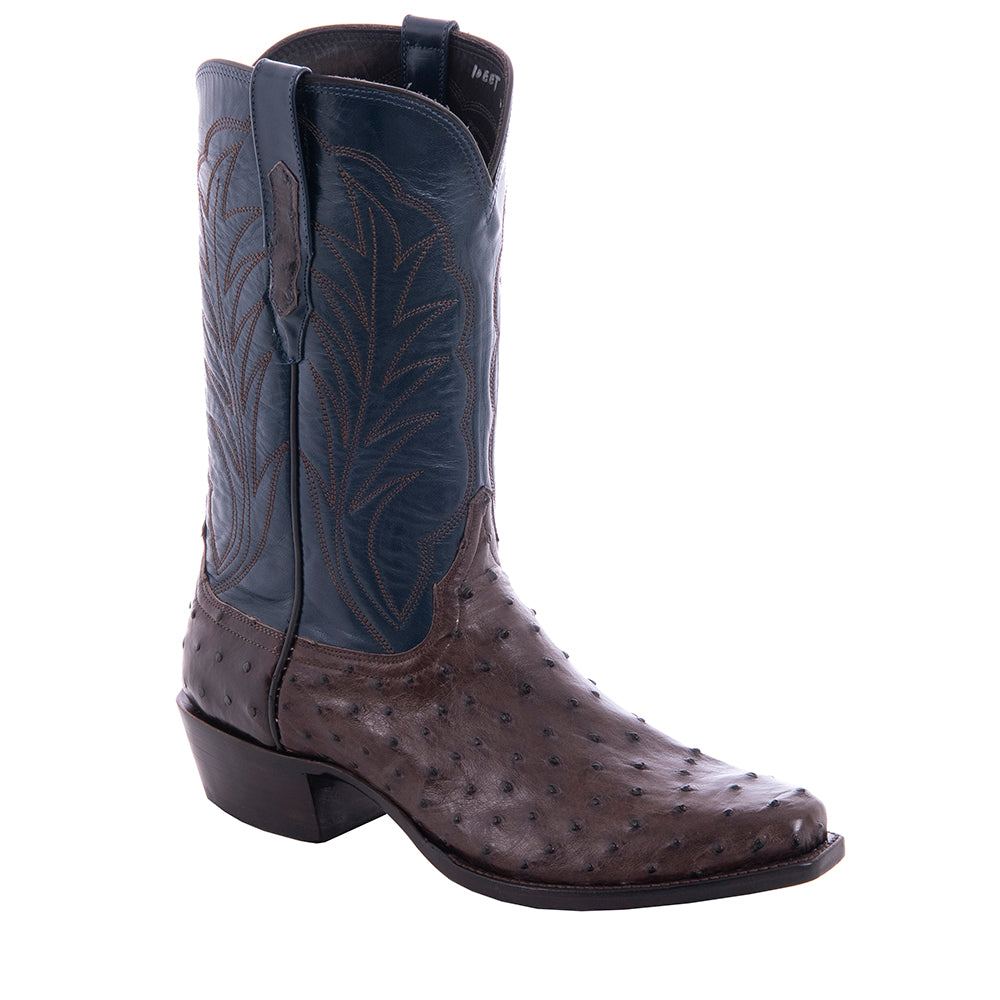 Men's 12" Nicotine Full Quill Ostrich Blue Kidskin Winn Cowboy Boot
