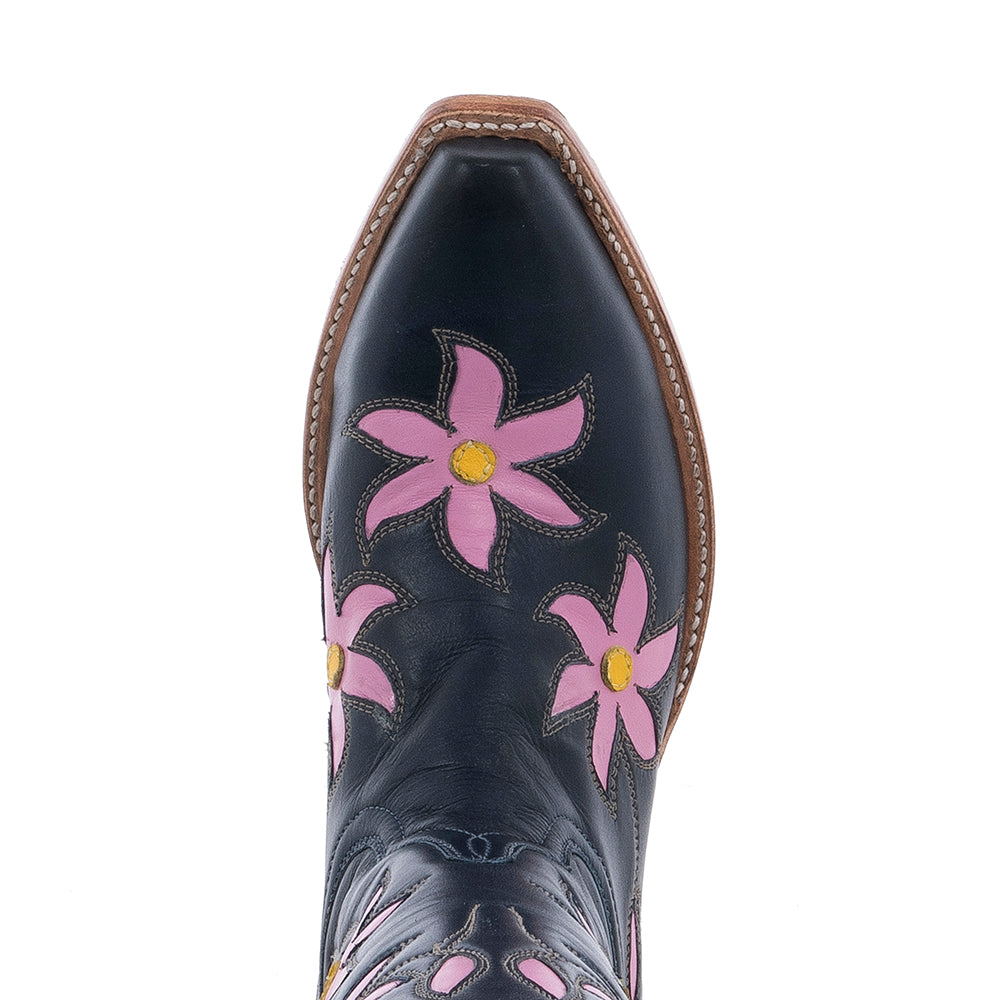 Ladies Navy Blue and Pink Pinwheel Floral Cowboy Boot