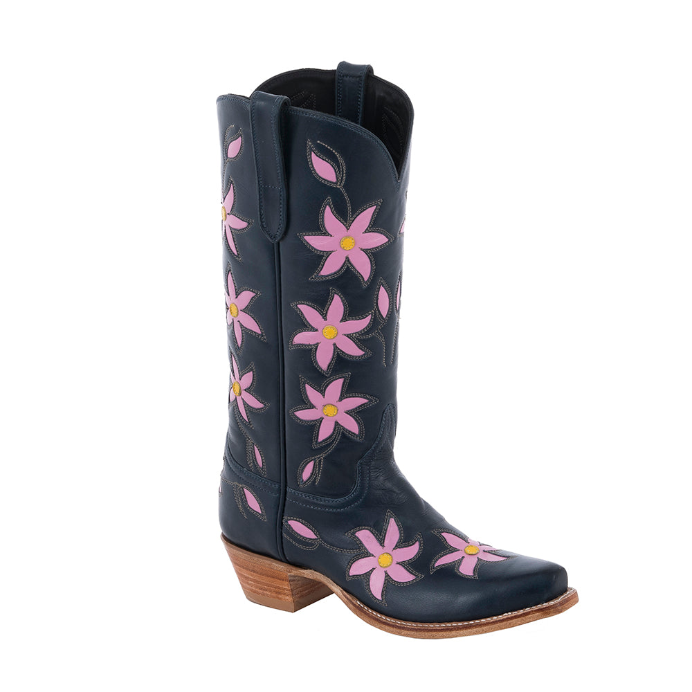 Ladies Navy Blue and Pink Pinwheel Floral Cowboy Boot