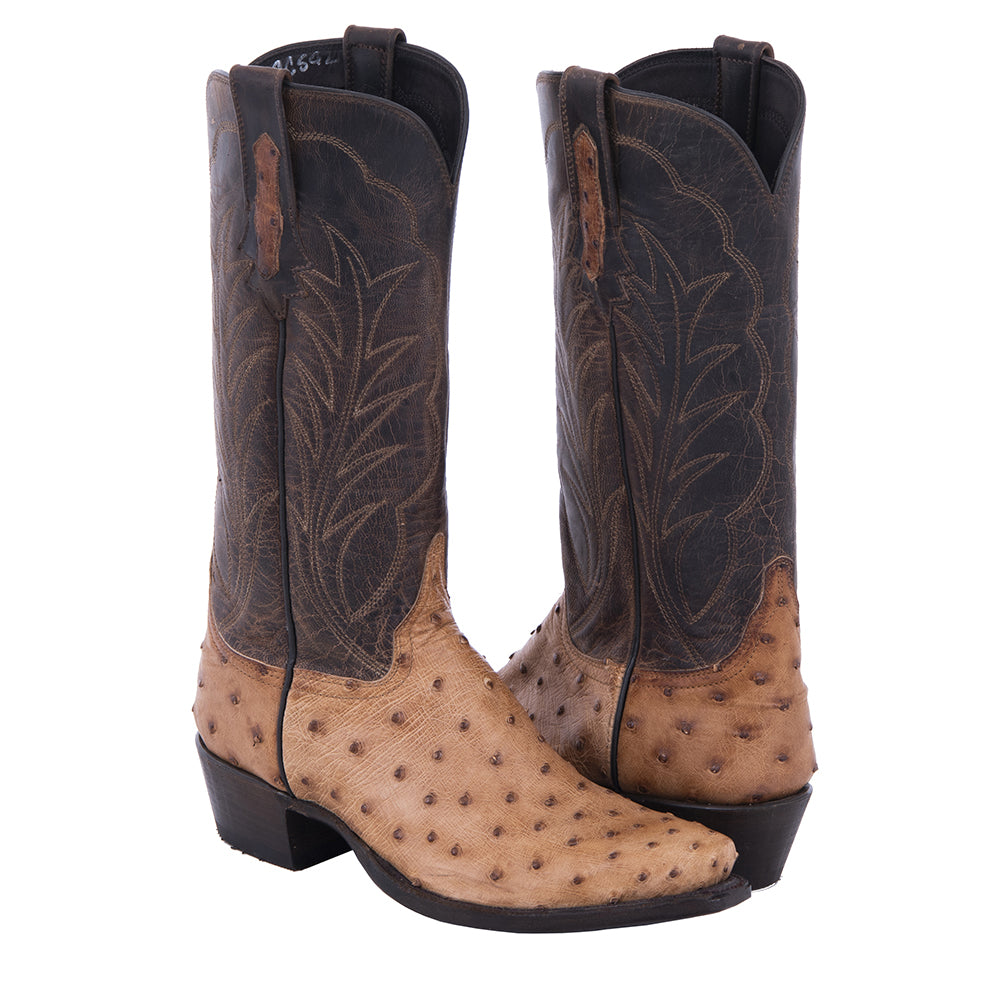 Ladies Cowboy 13" Cognac Burnished Ostrich/ Canella Goat with a Winn Stitch in Coyote