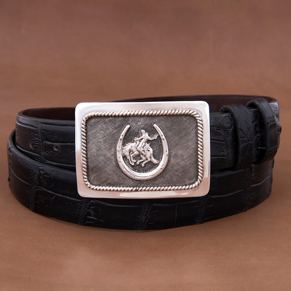 GABE CROSSHATCH BUCKLE WITH HORSESHOE AND BRONC