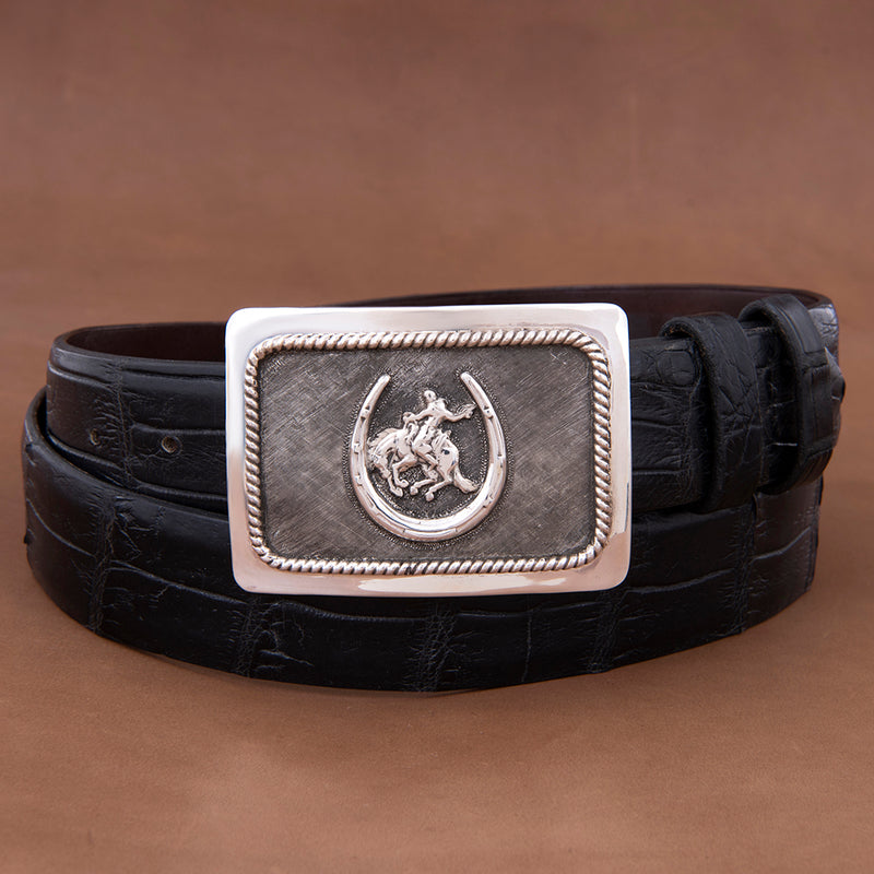 GABE CROSSHATCH BUCKLE WITH HORSESHOE AND BRONC