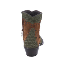 Ladies Short Olive Suede Crocodile Cognac Roughout Half Black Buckstitch Heel Fox Croc Collar