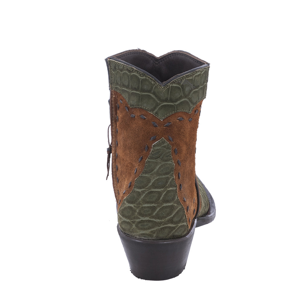 Ladies Short Olive Suede Crocodile Cognac Roughout Half Black Buckstitch Heel Fox Croc Collar