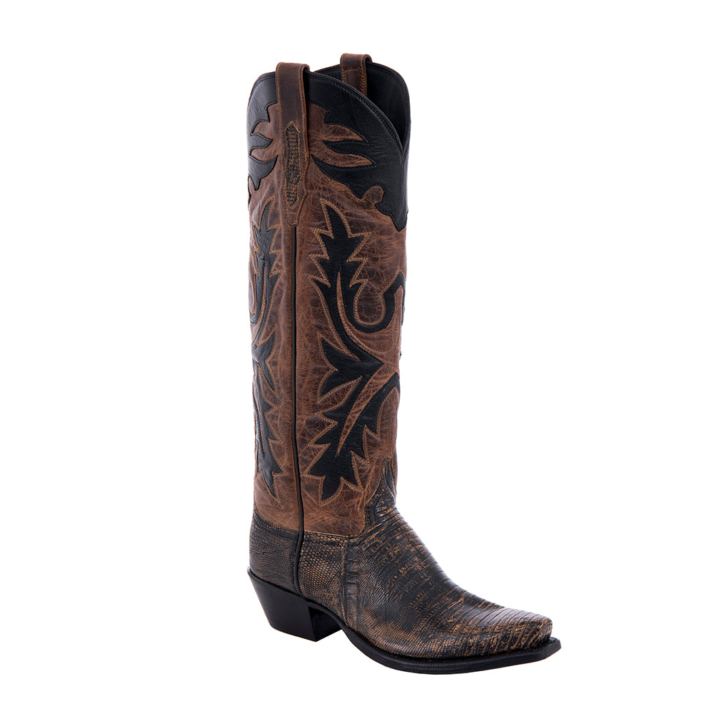Ladies 17" Tan Distress Lizard and Canella Goat Cowboy Boot