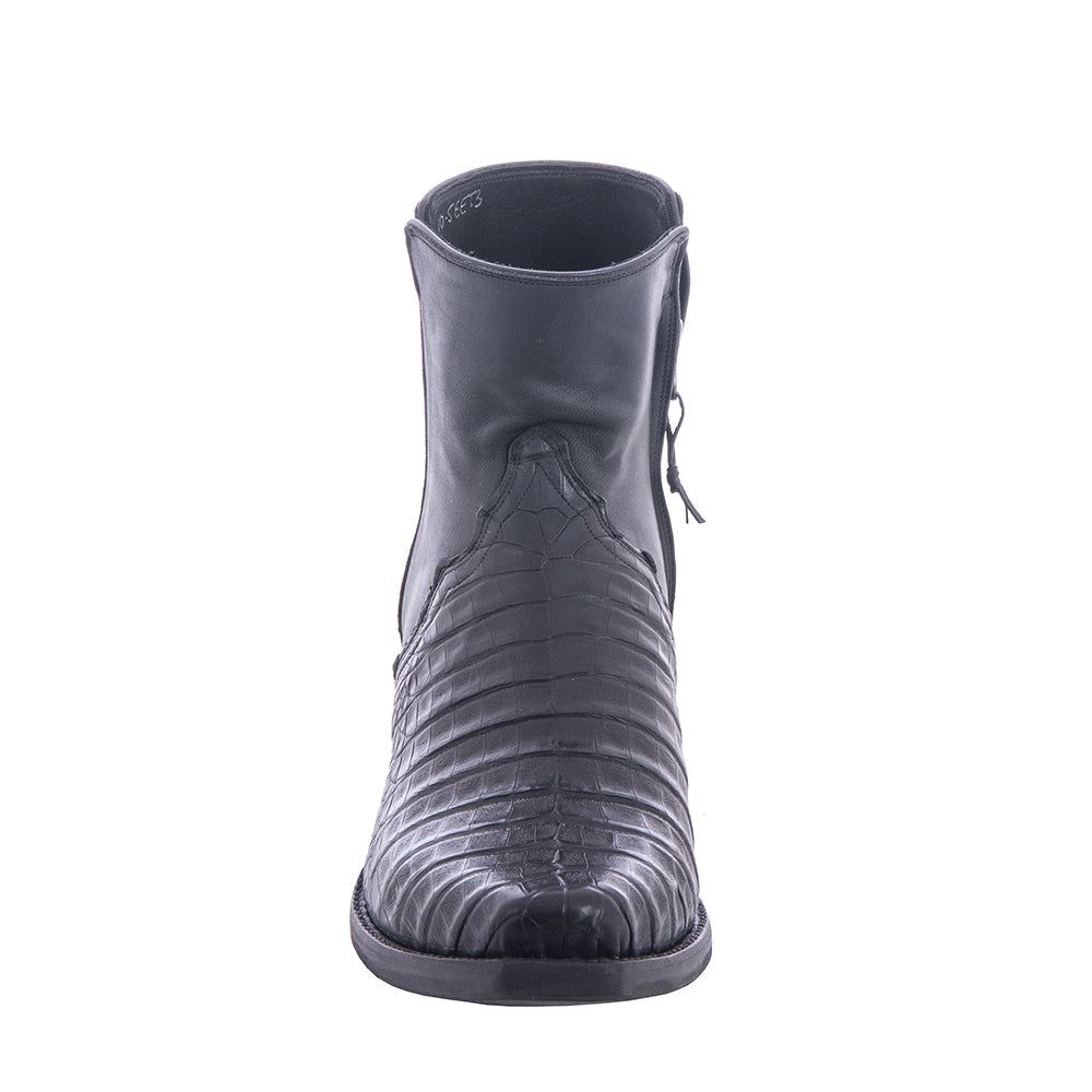 Men's Black Caiman Pull Up Black Goat Short Cowboy Boot