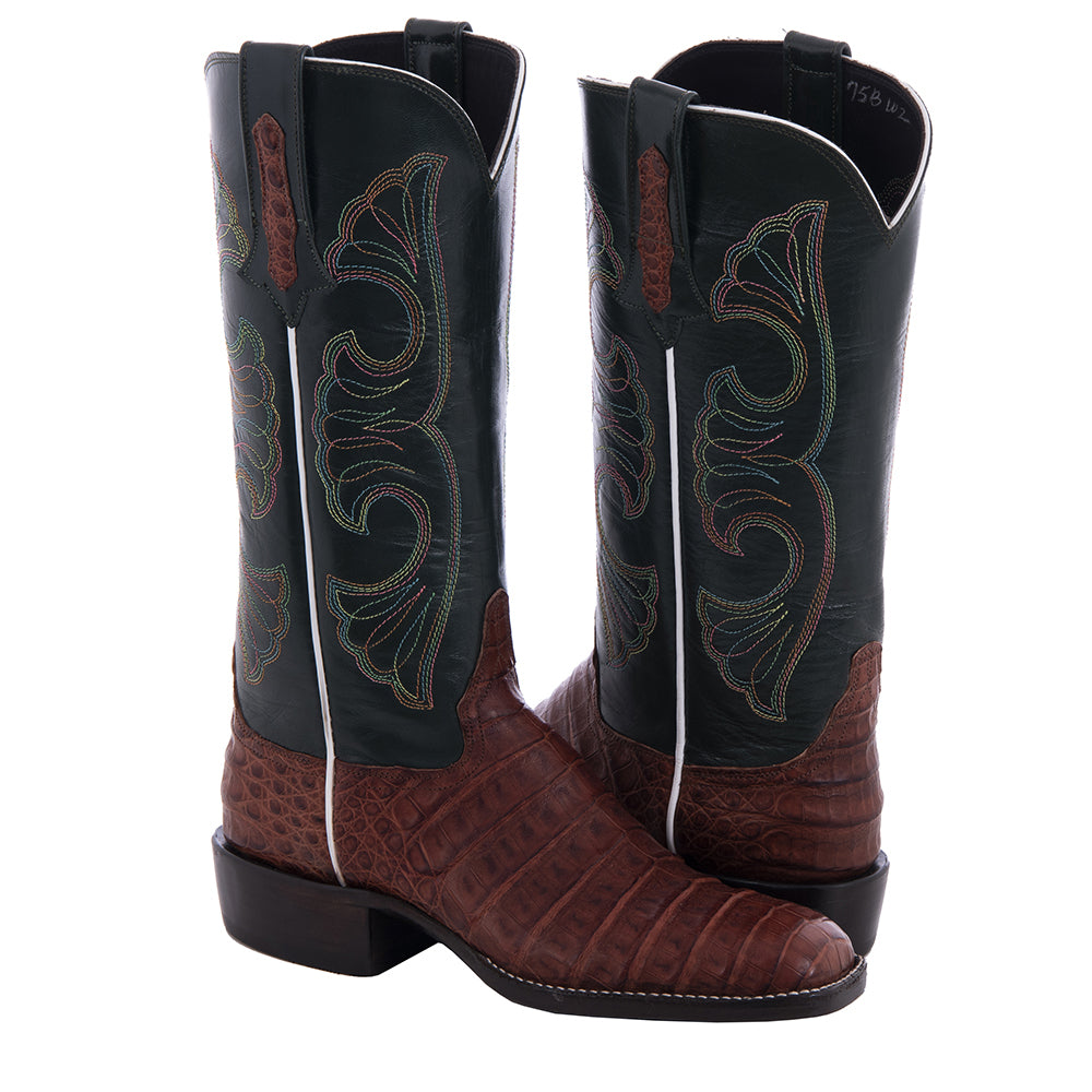 Ladies 13-2 Raisin Caiman Green Velvet Swan Cowboy Boot