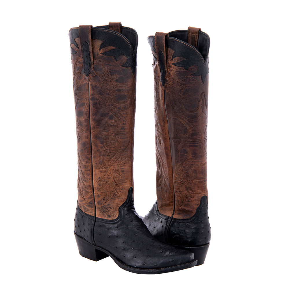 Ladies 17" Black Full Quill Ostrich Canella Goat Cowboy Boot
