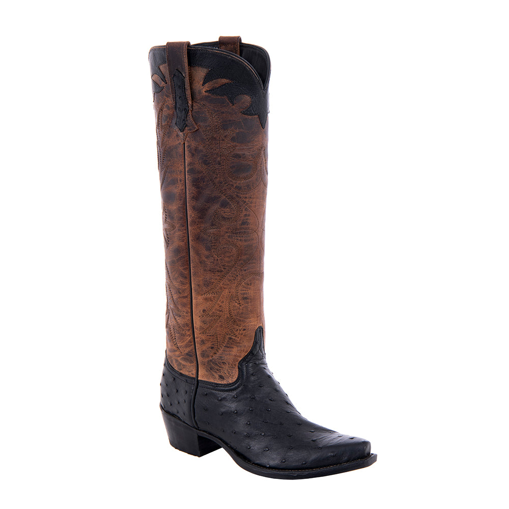 Ladies 17" Black Full Quill Ostrich Canella Goat Cowboy Boot