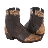 Ladies Shorty Brown Aniline Tooled Wingtip, Half Collar Full Brown Buckstitch