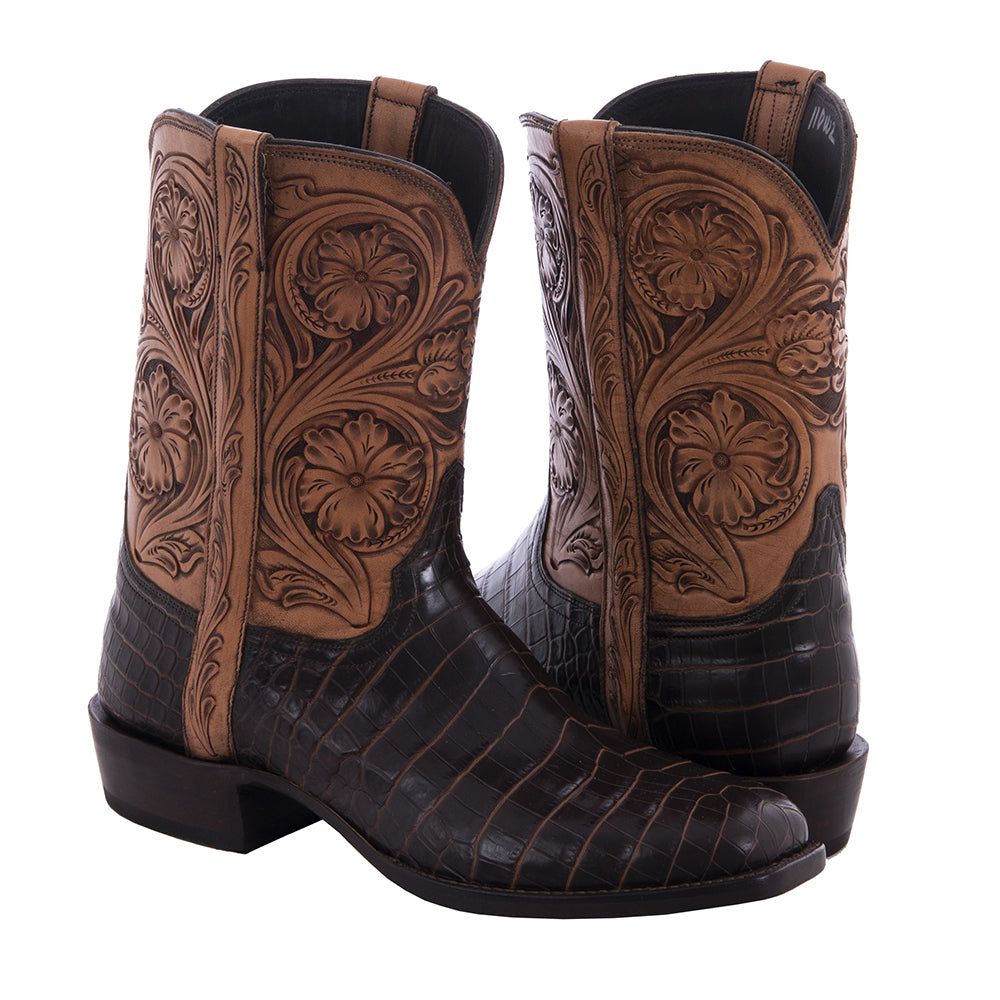 Men's 10-2 2 Tone Chocolate Nile Tooled Tops Cowboy Boot