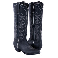 Ladies 17" Black Bison Winn Stitch Cowboy Boot with Toe Bug