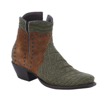 Ladies Short Olive Suede Crocodile Cognac Roughout Half Black Buckstitch Heel Fox Croc Collar