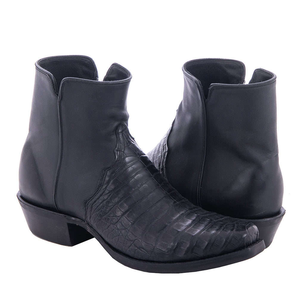 Men's Black Caiman Pull Up Black Goat Short Cowboy Boot