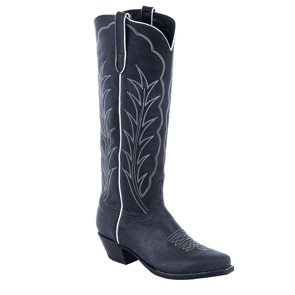 Ladies 17" Black Bison Winn Stitch Cowboy Boot with Toe Bug