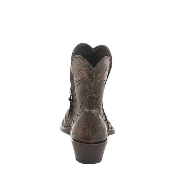 Ladies Short Tobac Goat Antique Brown Tooled Wingtip, Heel Fox, Collar Full Brown Buckstitch Boot