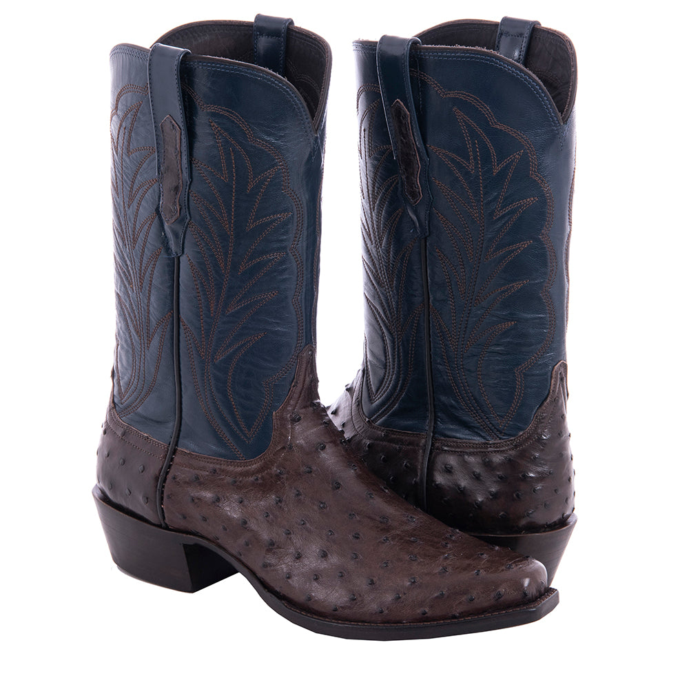 Men's 12" Nicotine Full Quill Ostrich Blue Kidskin Winn Cowboy Boot