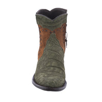 Ladies Short Olive Suede Crocodile Cognac Roughout Half Black Buckstitch Heel Fox Croc Collar