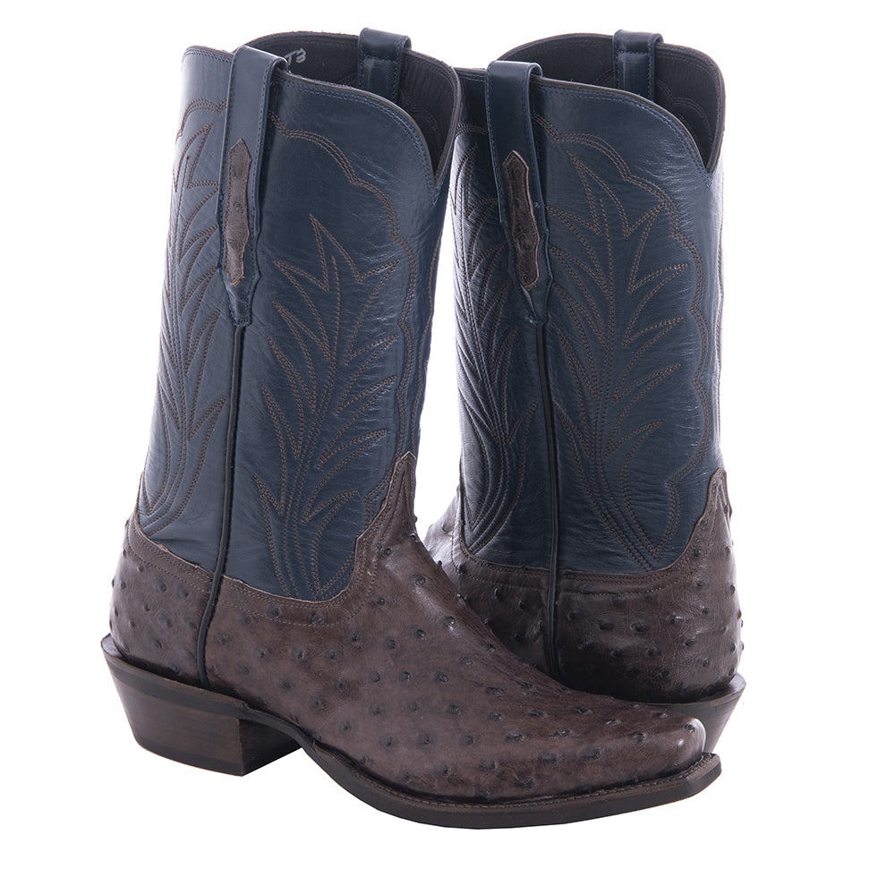 Men's 12" Nicotine Full Quill Ostrich Blue Kidskin Winn Cowboy Boot with Mini Vibram
