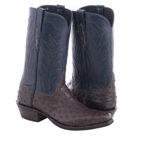 Men's 12" Nicotine Full Quill Ostrich Blue Kidskin Winn Cowboy Boot with Mini Vibram