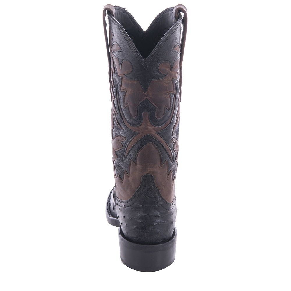 Ladies Cowboy 12-2 Black Full Quill Ostrich/Canella Goat Fern Inlay Spur Lip and Heavy Sole