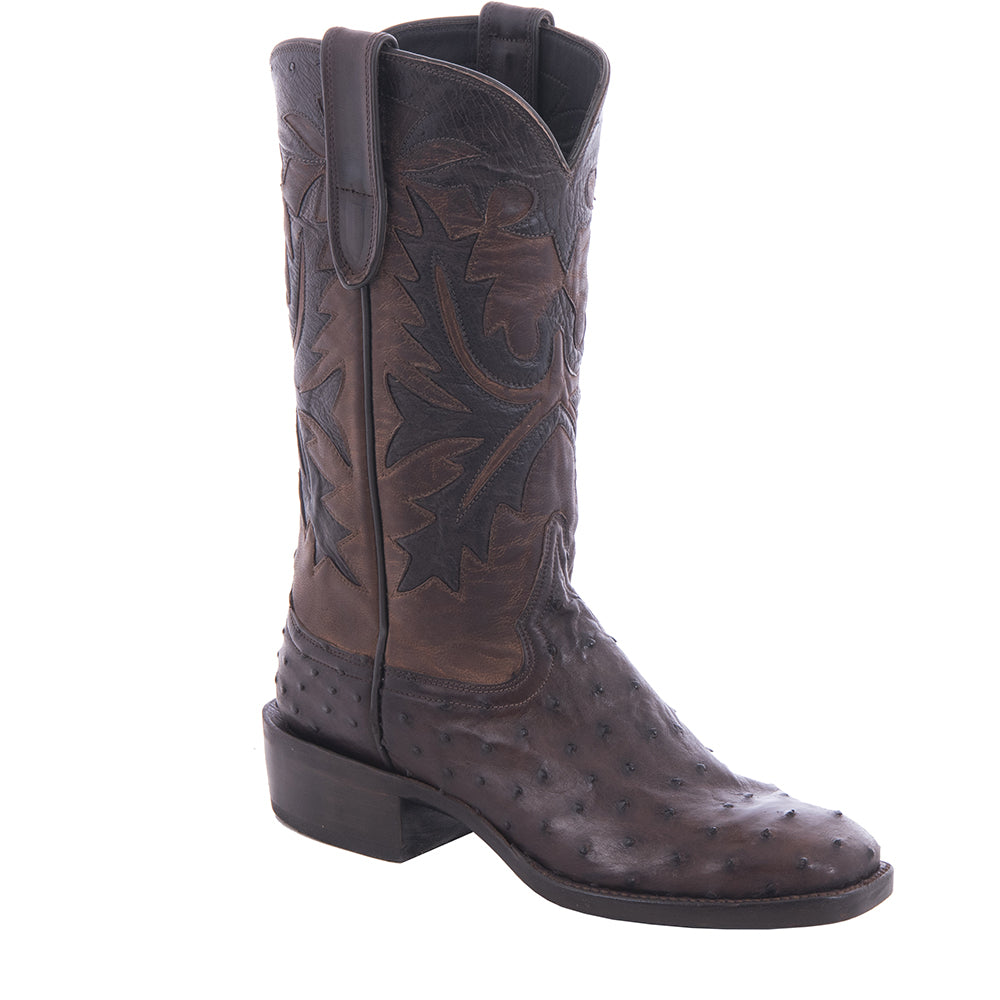 Ladies Cowboy 12-2 Nicotine Full Quill Ostrich/Canella Goat Fern Inlay Spur Lip and Heavy Sole