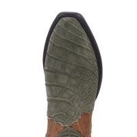 Ladies Short Olive Suede Crocodile Cognac Roughout Half Black Buckstitch Heel Fox Croc Collar