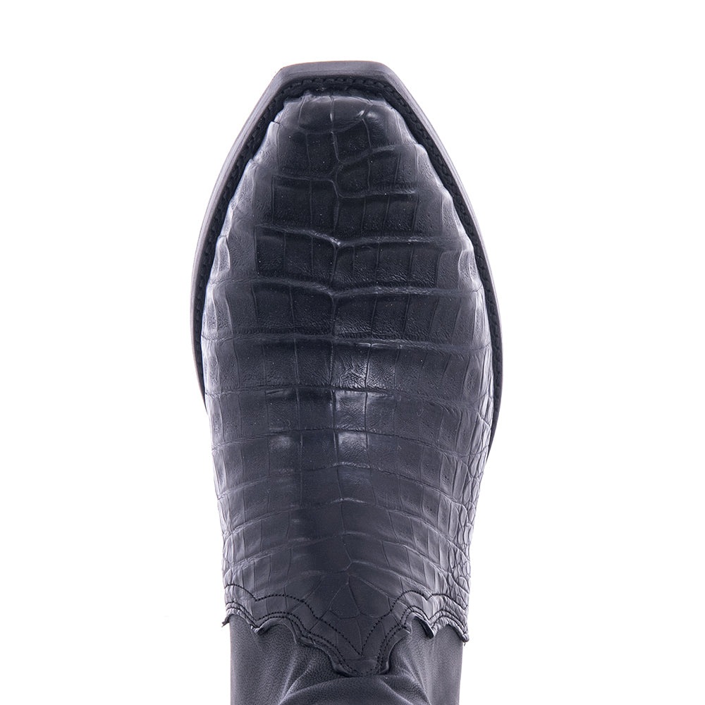 Men's Black Caiman Pull Up Black Goat Short Cowboy Boot