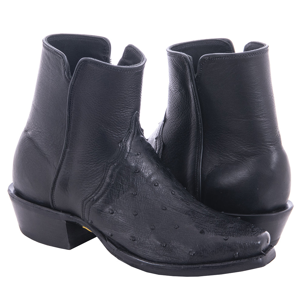 Men's Short Black Full Quill Ostrich Aniline Boot with Mini Vibram Sole