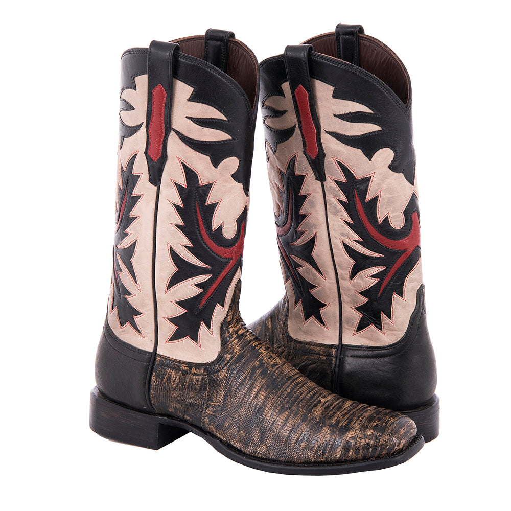 Men's Grey Distressed Lizard and White Goat Fern Inlay Cowboy Boot