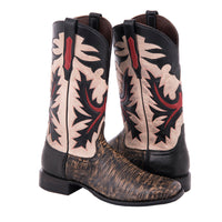 Men's Grey Distressed Lizard and White Goat Fern Inlay Cowboy Boot