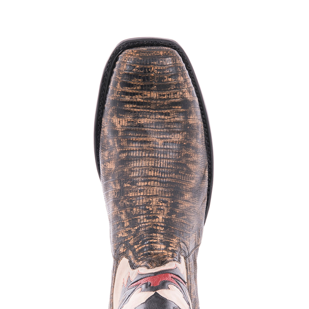 Men's Grey Distressed Lizard and White Goat Fern Inlay Cowboy Boot