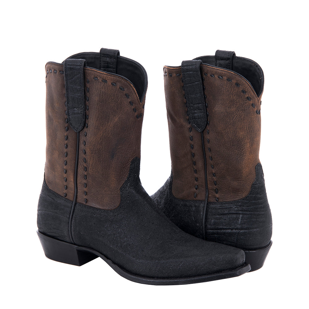 Men's Black Elephant and Brown Goat Cowboy Boot with Black Buckstitch