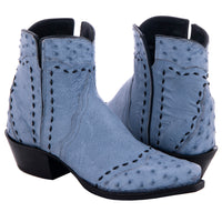 Ladies Denim Smooth Ostrich Full Quill Ostrich Heel Fox, Wing Tip, and Collar Full Black Buckstitch Short Boot