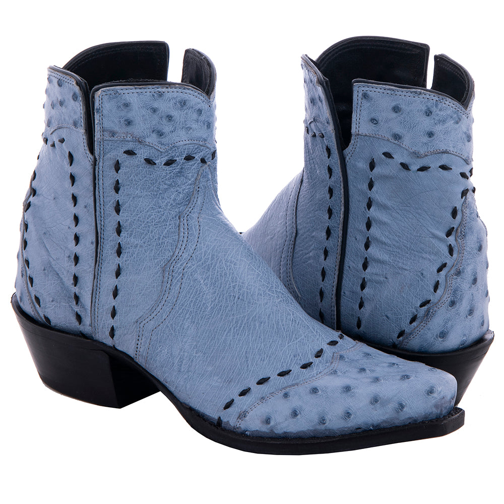 Ladies Denim Smooth Ostrich Full Quill Ostrich Heel Fox, Wing Tip, and Collar Full Black Buckstitch Short Boot